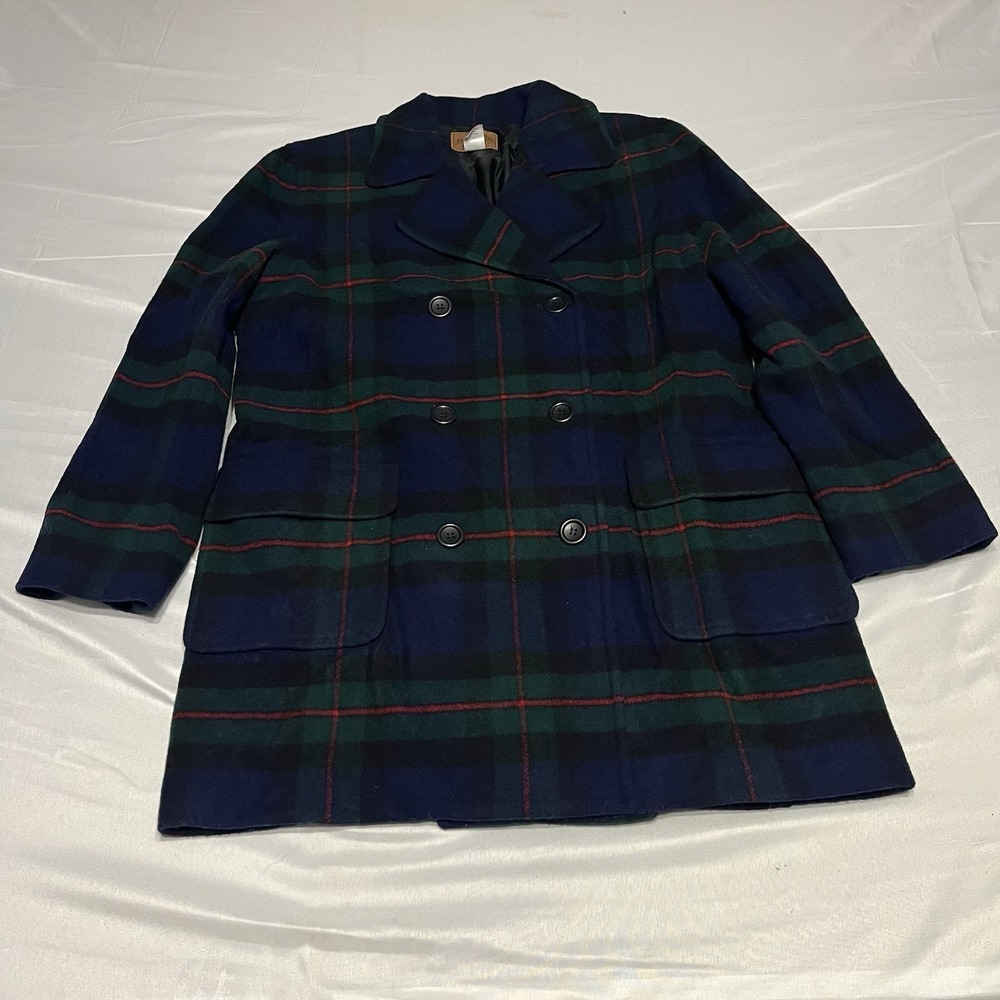 Vintage Pendleton Wool Pea Coat Women M Black watch Plaid Double Breasted